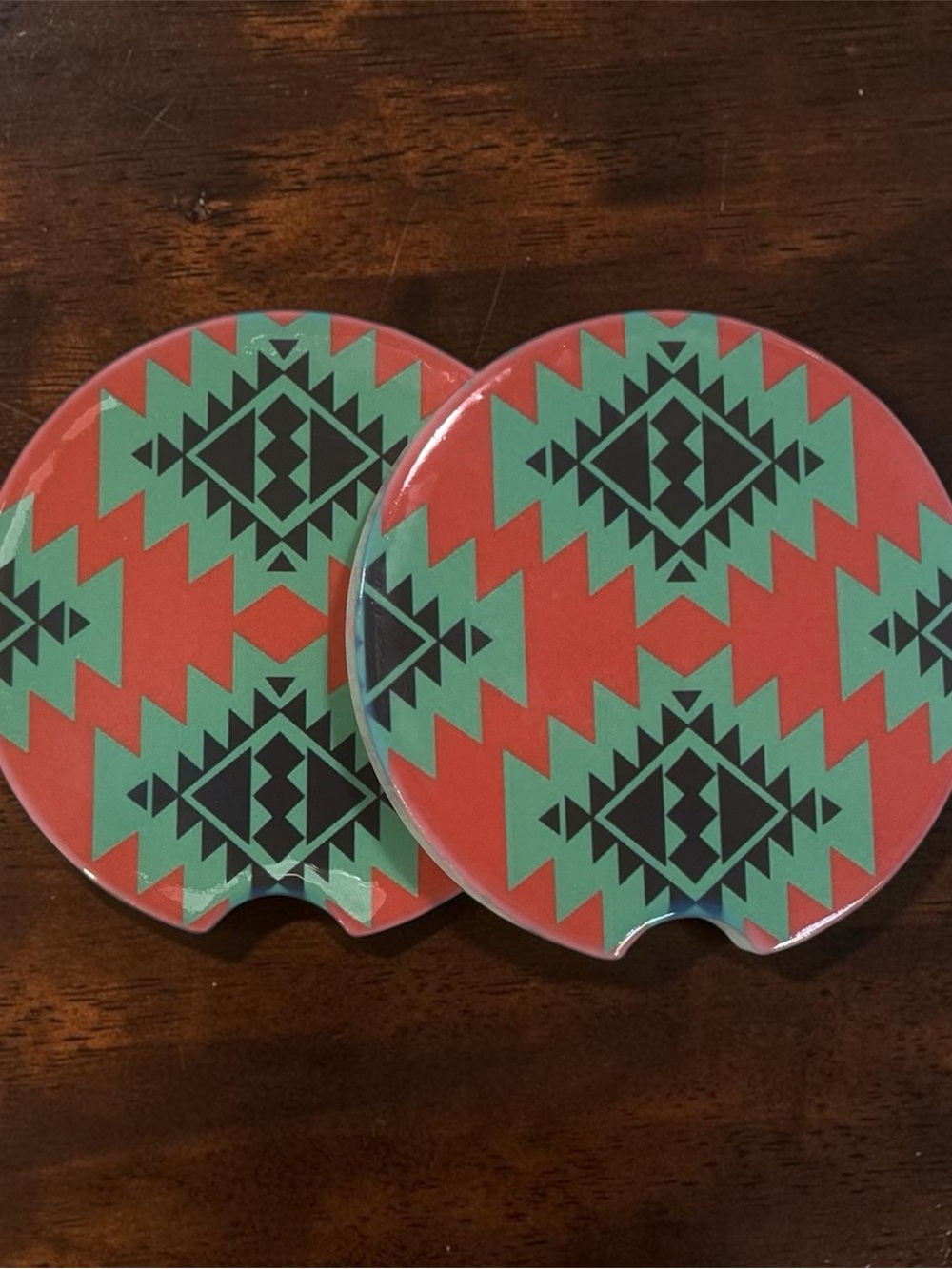 Southwestern Aztec Ceramic Car Coasters - Red & Teal